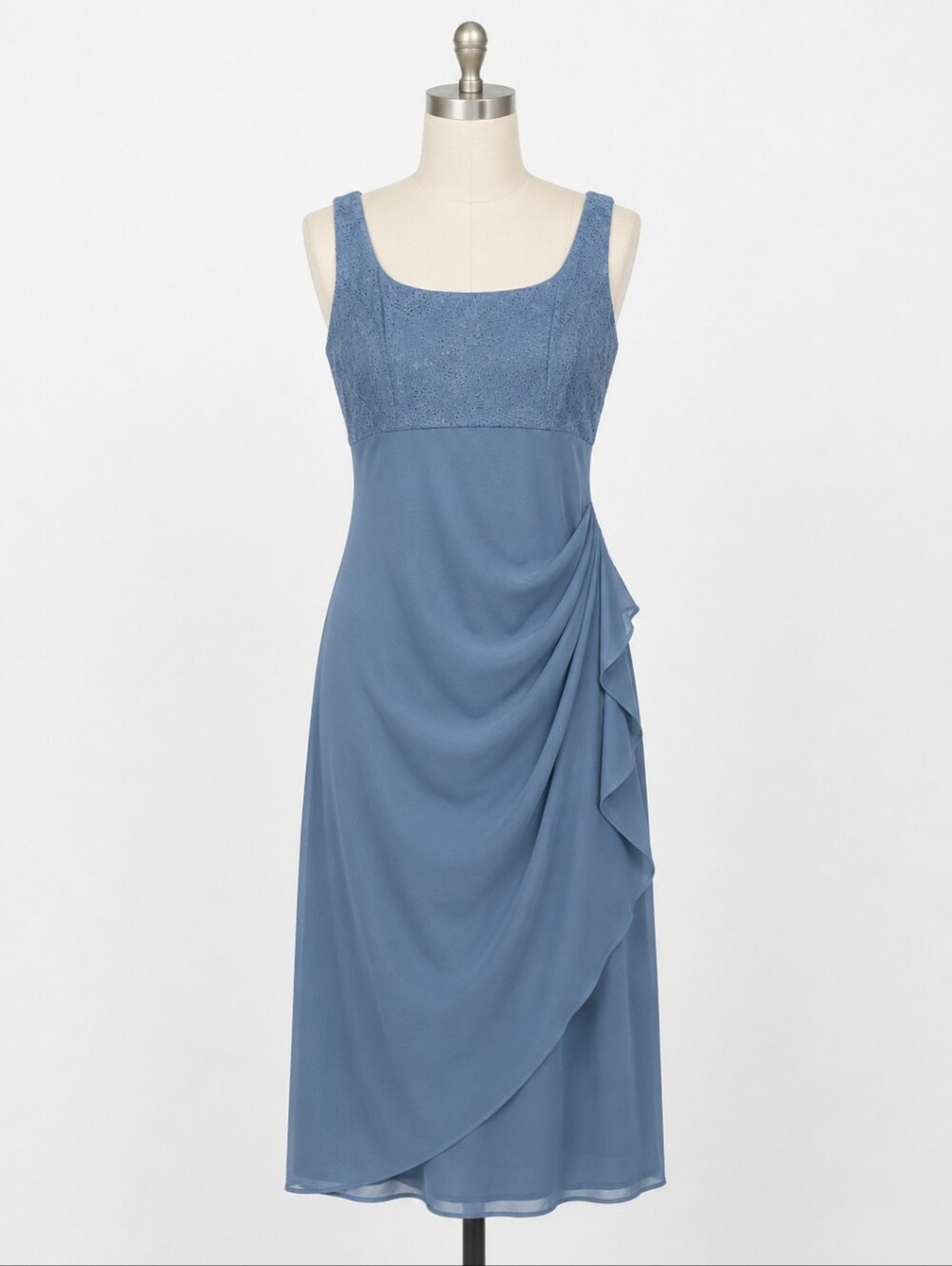 Alex Evenings Lace Bodice Side Ruffle Midi Dress Light Blue Size 16